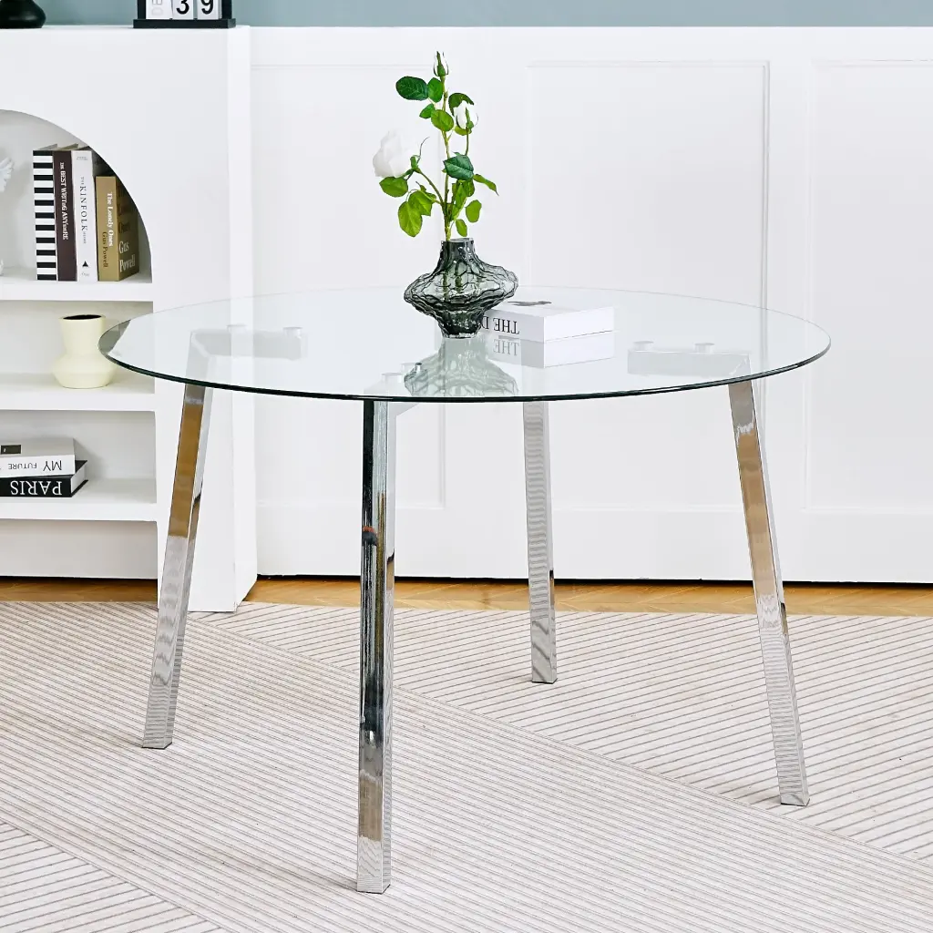 Modern Minimalist Round Glass Dining Table Transparent Glass E-reader Friendly youngmagic