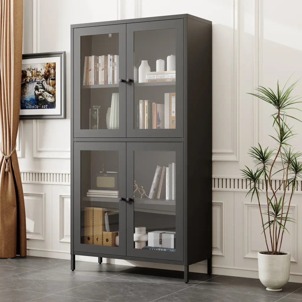 Classic Metallic Display Cabinet 4 Crystal Doors and 4 Shelves rnb