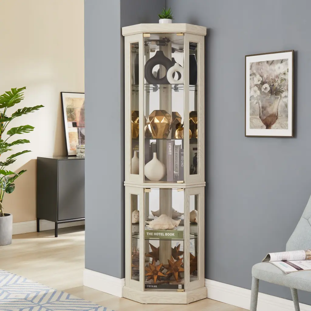 Corner Crystal Cabinet Lighted Curio Cabinet Corner Display Case Living Room rnb