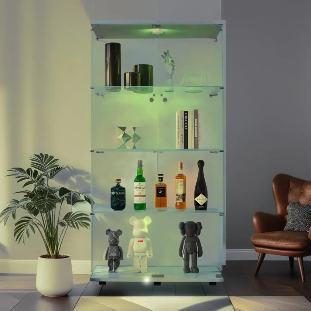 Lighted Two Door Crystal Cabinet Display Case 4 Shelves Modern Home Decor uni-home