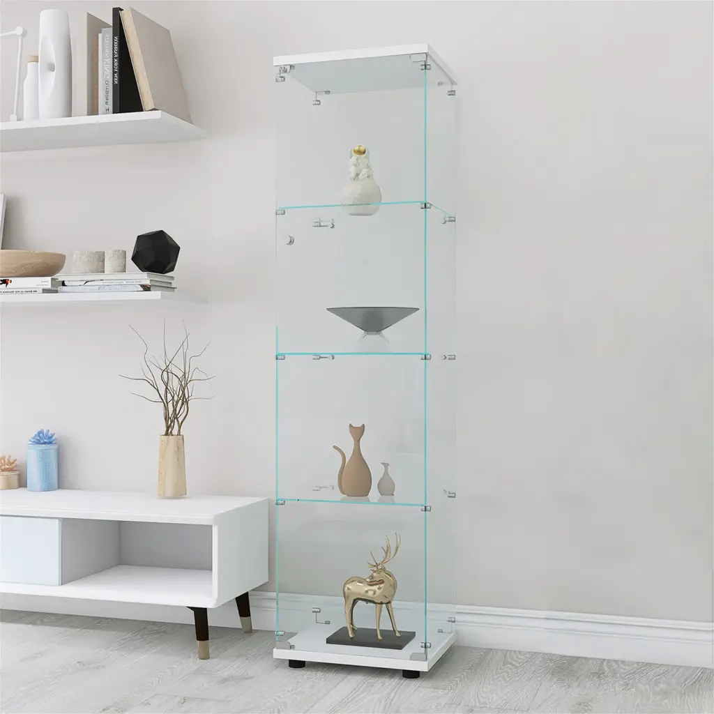 4 Shelves Crystal Display Cabinet One Door White Finish uni-home