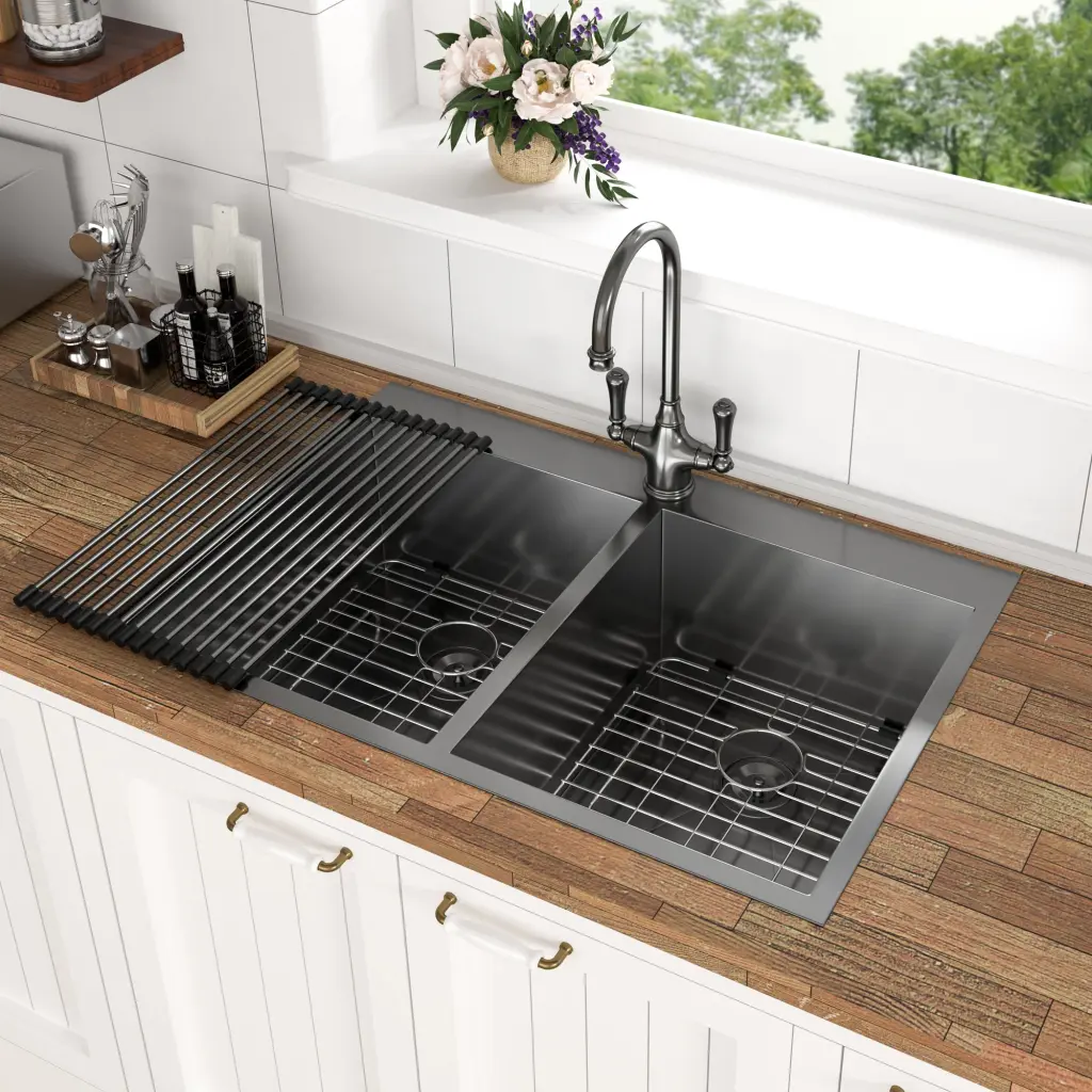 33 Inch X 22 Inch Gunmetal Black Double Bowl Drop Kitchen Sink lordear