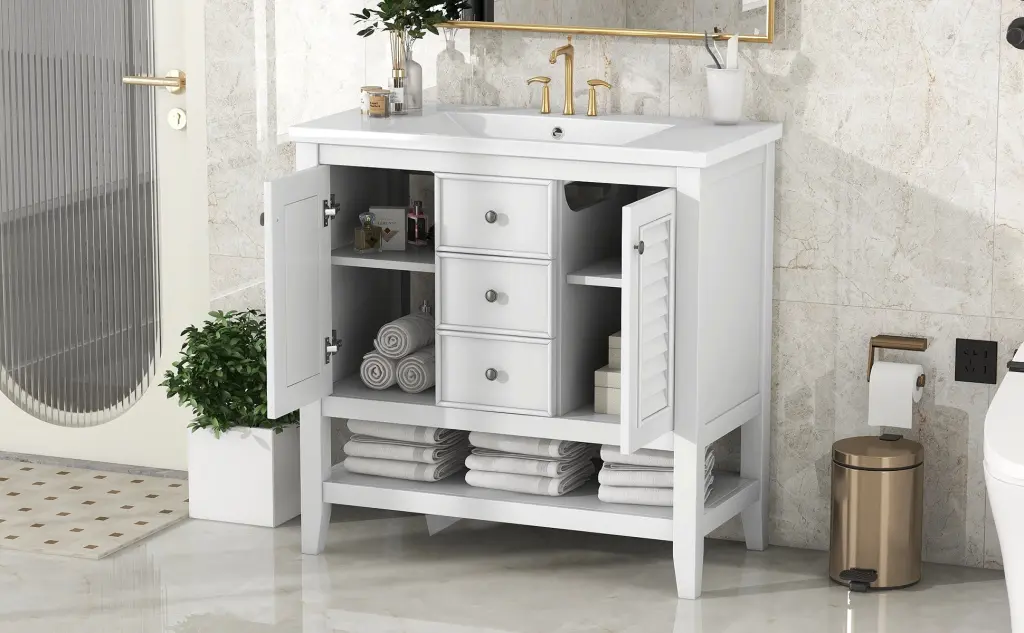 36 Inch Bathroom Vanity Porcelain Basin Two Cabinets and Drawers Open Storage by