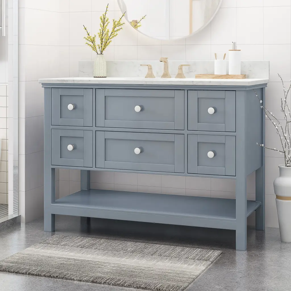 49 Inch Bathroom Vanity Marble Top Ceramic Sink Open Shelf 5 Drawers nh-bo