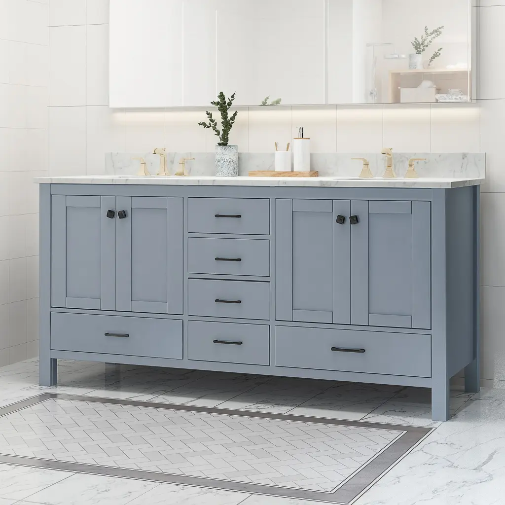 73 Inch Bathroom Vanity Marble Top Double Ceramic Sinks 4 Doors Storage nh-bo
