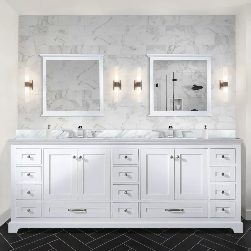 White Double Bath Vanity 84 Inch Wide Plywood Timber Construction