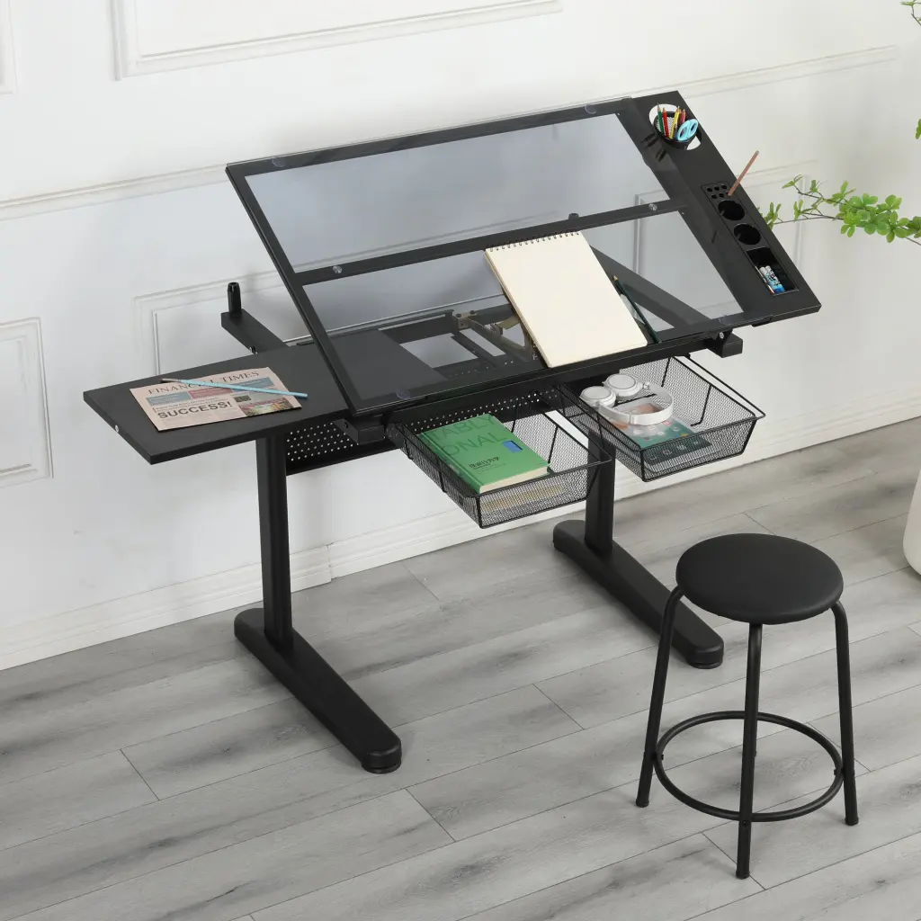 Hand Crank Adjustable Drafting Table Drawing Desk 2 Metal Drawers rnb
