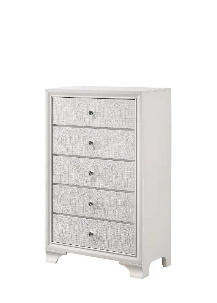Modern Glam Style White Frost Finish 5 Drawer Chest Embossed Design Dresser kanepe