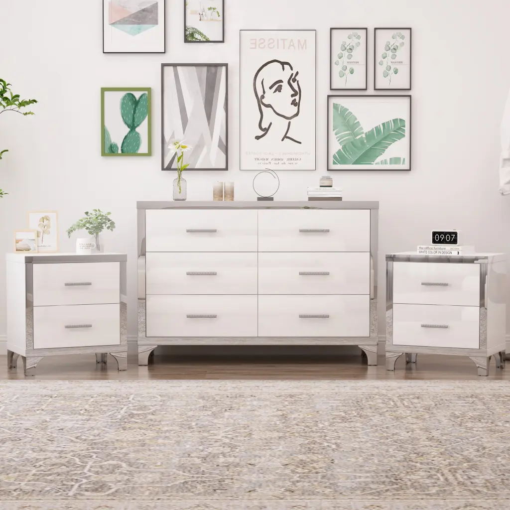 3 Piece Dresser and Two Nightstands Set Metal Handles and Mirror Bedroom Furniture homey life
