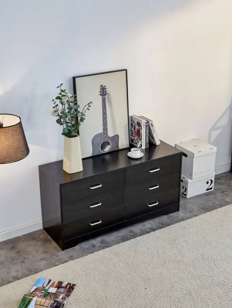 Timber MDF Boards 6 Drawers Dresser Black MDF Storage Unit d-n furniture