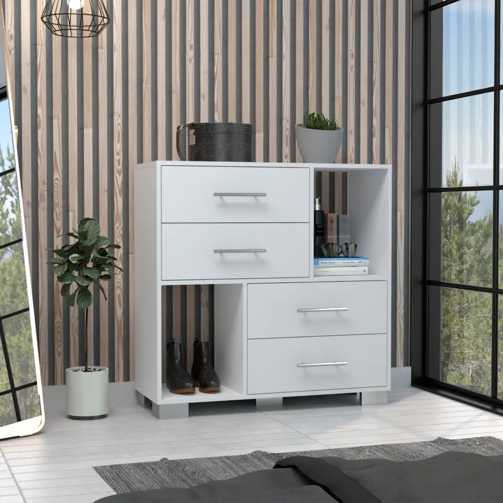 Gowner 35 Inch Two Open Shelves Four Drawers Metal Handles White depot e-shop