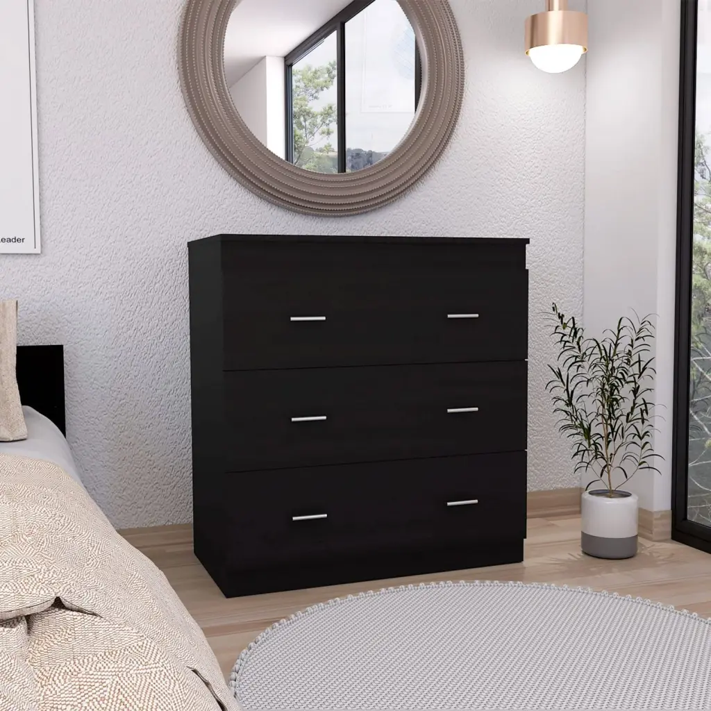 33 Inch Three Drawer Dresser High Quality Top and Metallic Handles White Black depot e-shop