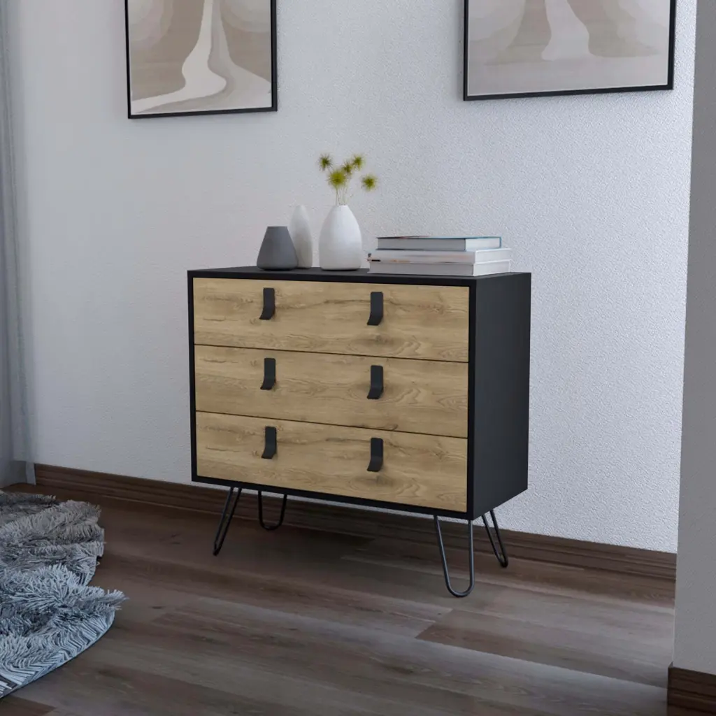 Black and Macadamia 3 Drawer Gown Dresser Black Natural Wood Bedroom Furniture furniture max