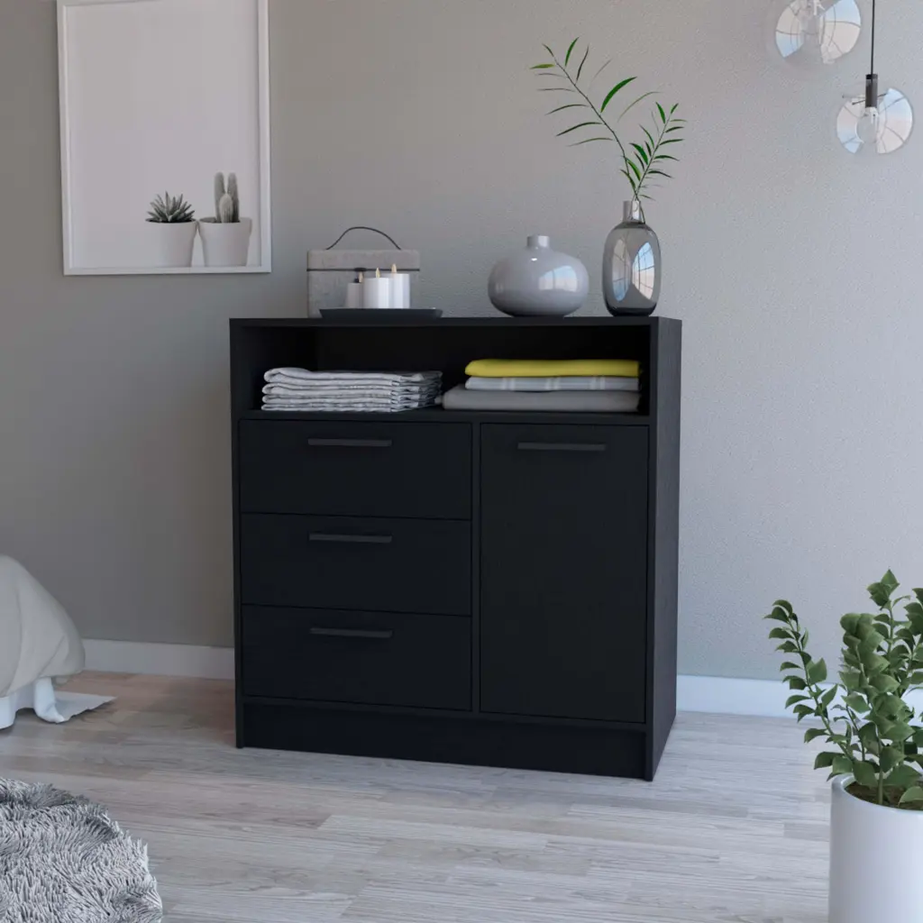 Black Open Storage Shelf 3 Drawer Gown Dresser Bedroom Wood furniture max