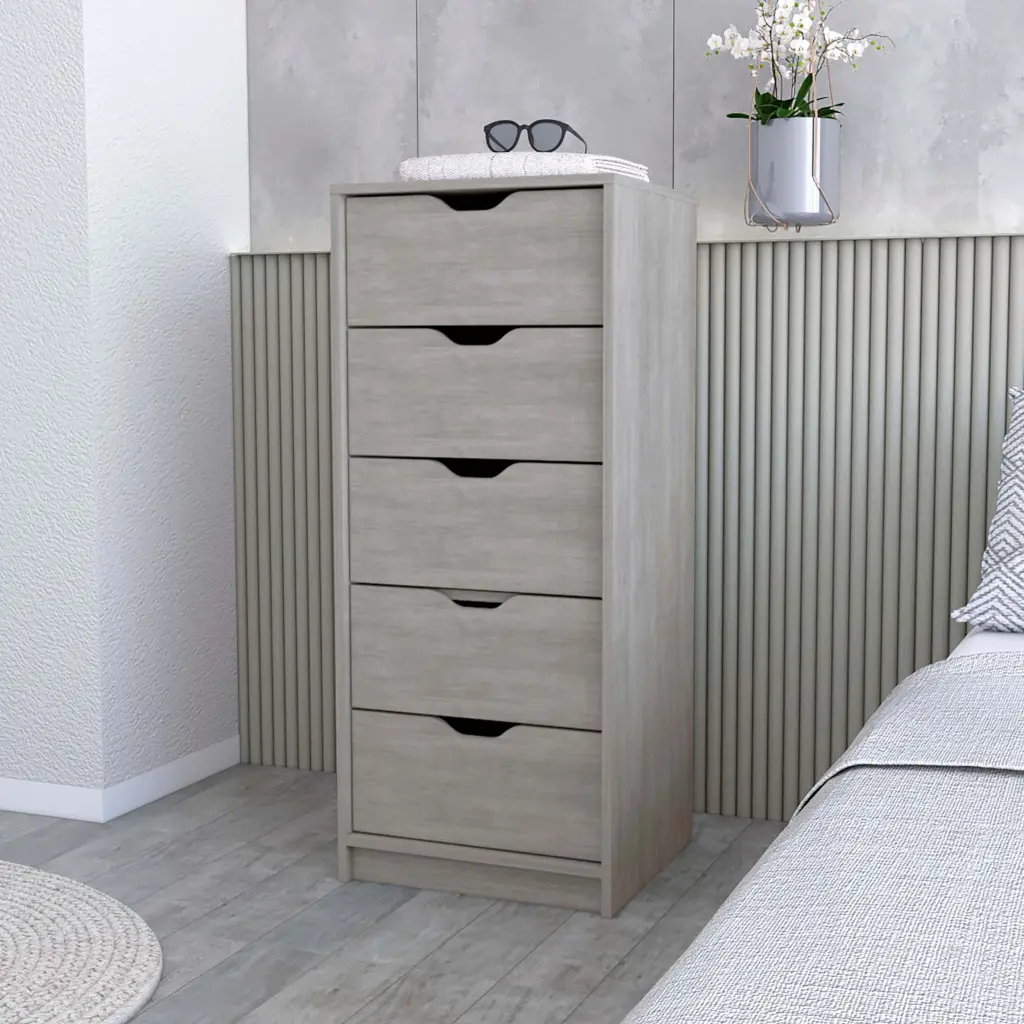 Concrete Gray 5 Drawer Gown Dresser Narrow Bedroom Storage furniture max