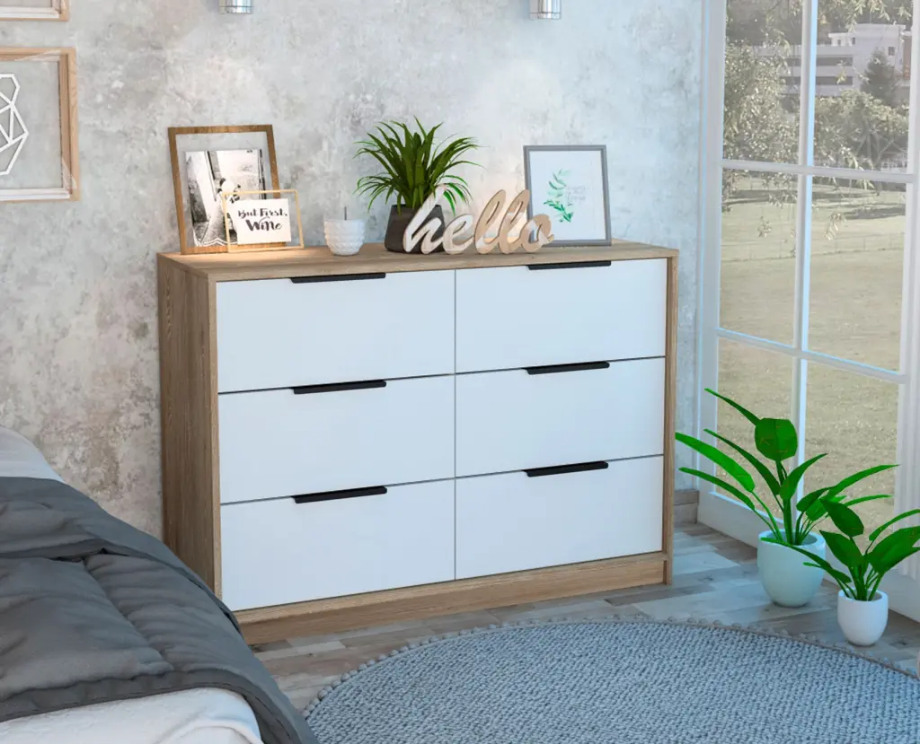 Longhill 6 Drawer Rectangle Gown Dresser Pine and White Particle Board furniture max