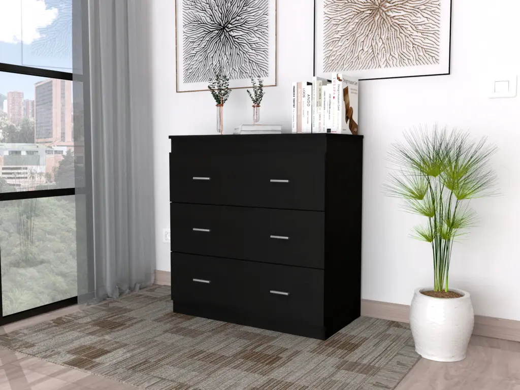 Montclair 3 Drawer Gown Black Particle Board Dresser furniture max