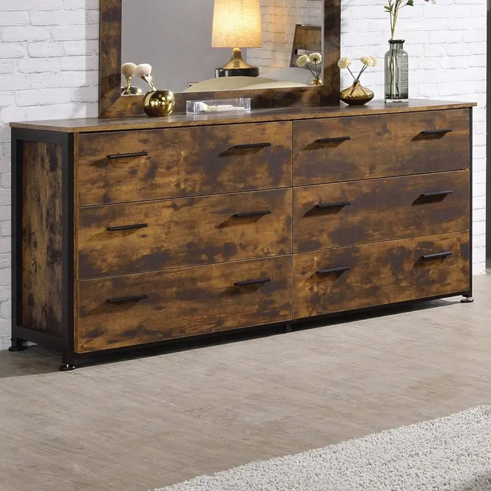 Rustic Oak and Black 6 Drawer Dresser Bedroom Wood and Metal furniture max