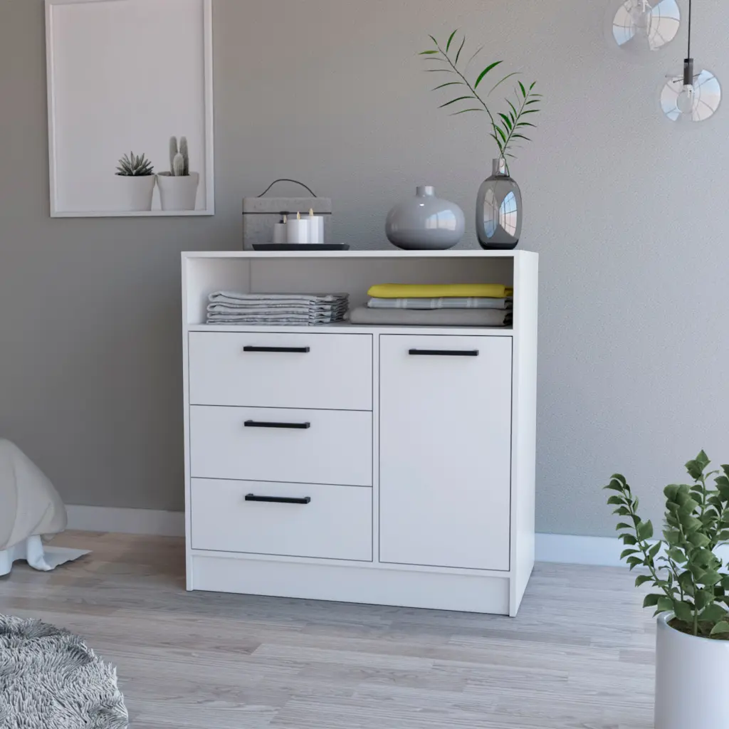 White Open Storage Shelf 3 Drawer Dresser White Bedroom Timber furniture max
