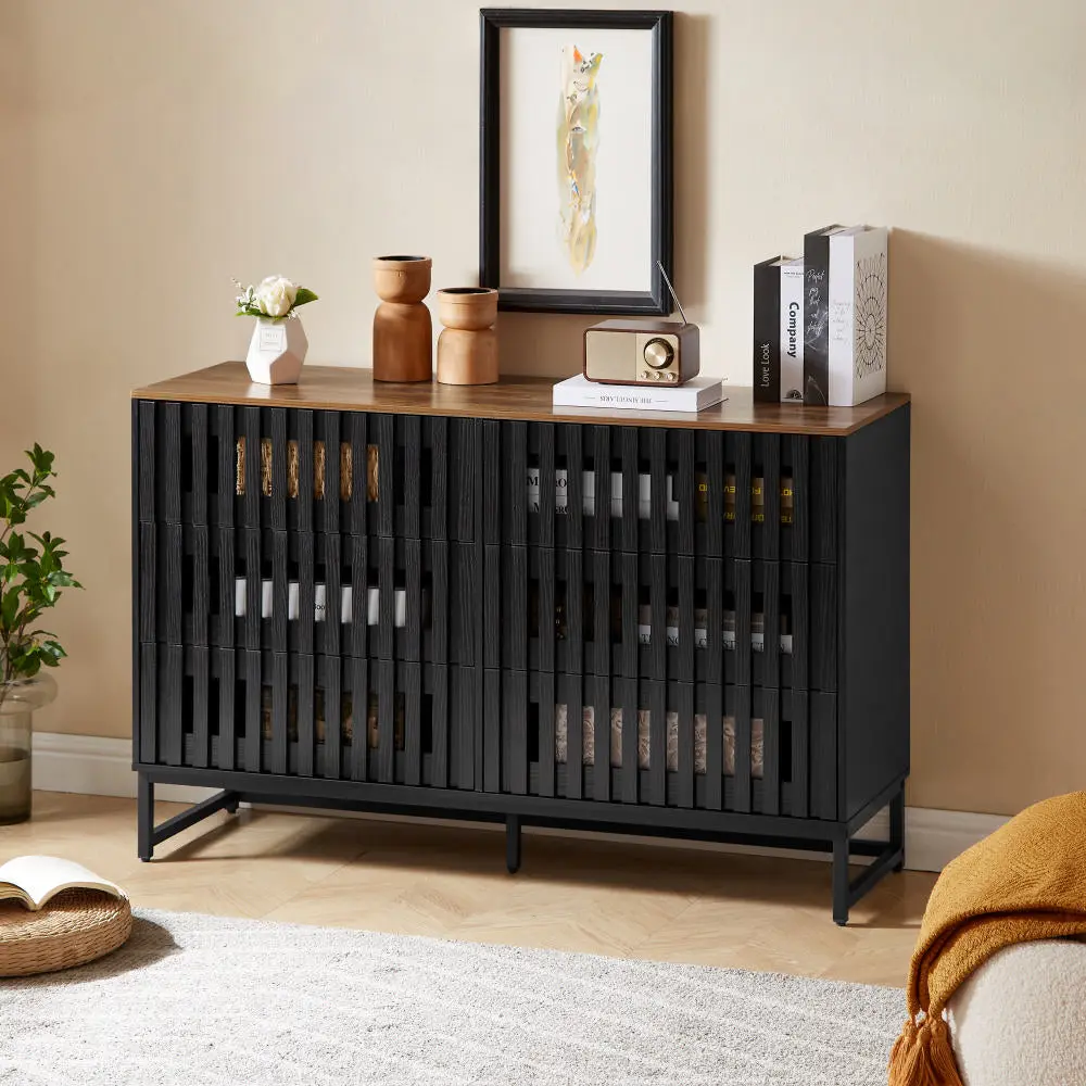 6 Drawer Double Dresser Slatted Grille Striped Drawer Modern Style Bedroom Storage Furniture hs furniture