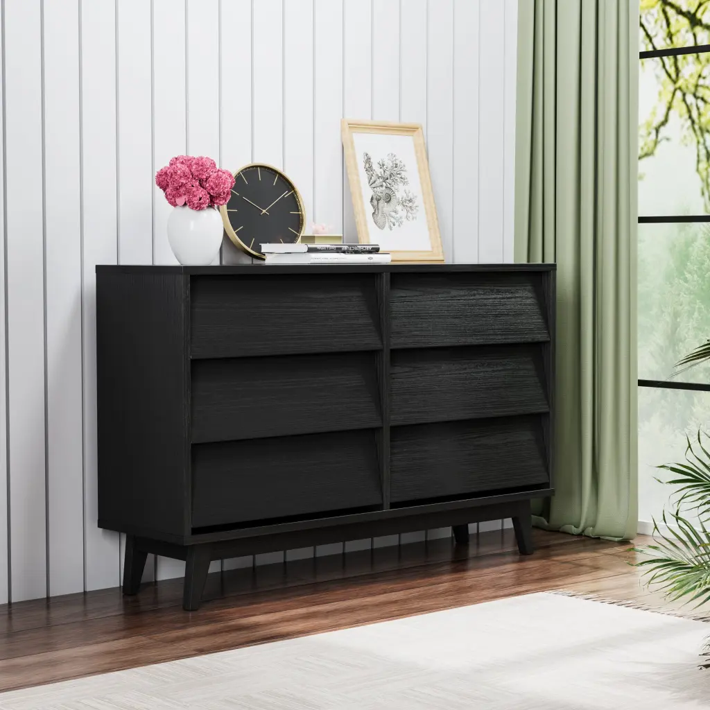 6 Drawer Double Dresser Vintage Style Bevel Design Black Finish hs furniture