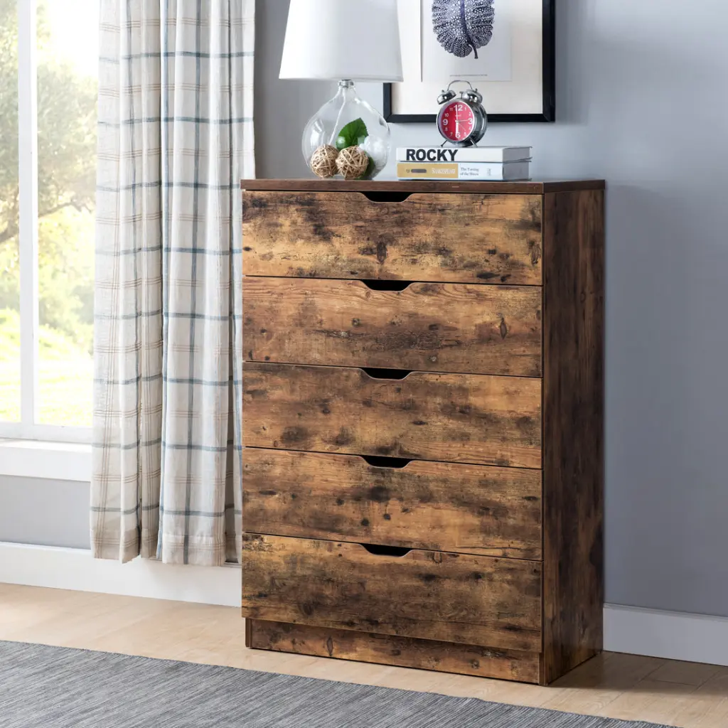 Practical 5 Drawer Chest Distressed Brown Finish Vintage Design id usa