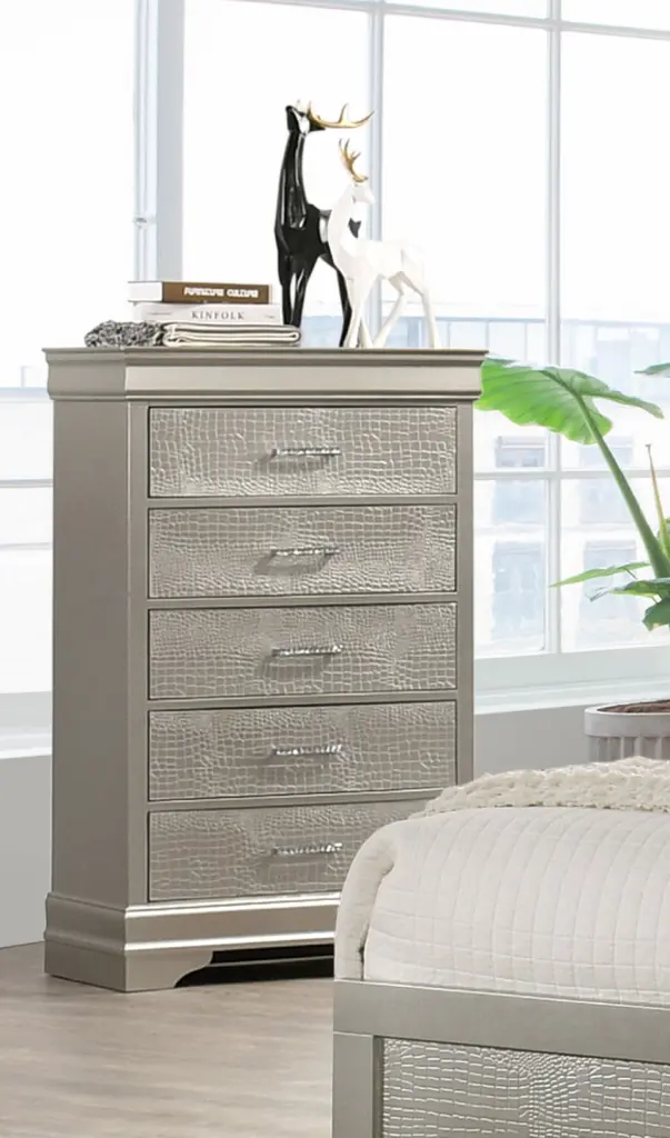 5 Drawer Tall Chest Modern Beige Champagne Texture Finish Solid Wood Bedroom Dresser kanepe