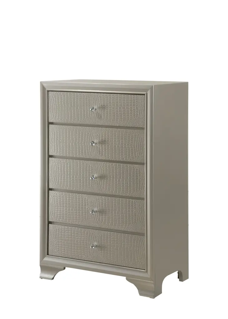 Modern Glam Style Champagne Finish Five Drawer Chest Embossed Design kanepe
