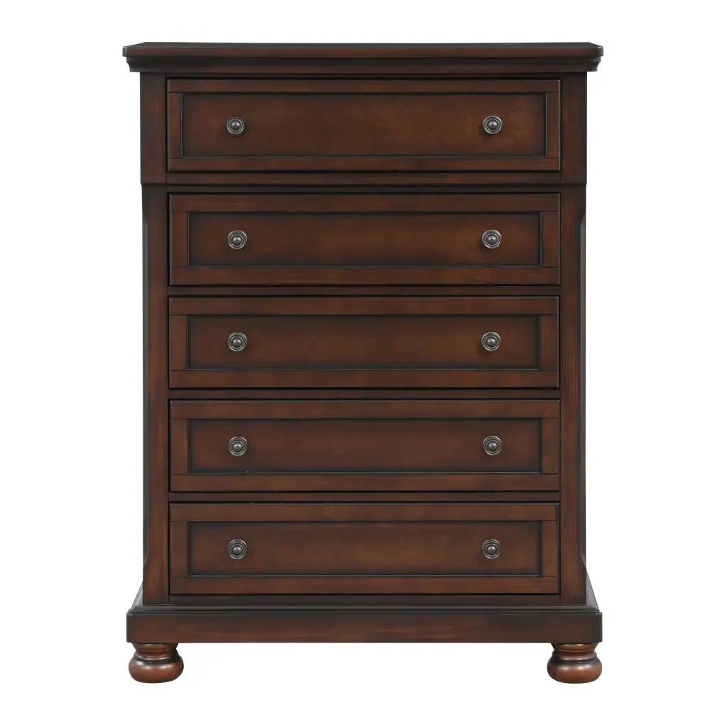 Transitional 5 Drawer Chest Drawers Bun Feet Brown Cherry Finish kanepe