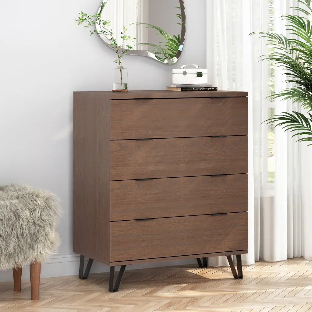 4 Drawer Wide Chest Walnut MDF Storage Dresser Bedroom nh-sunfay