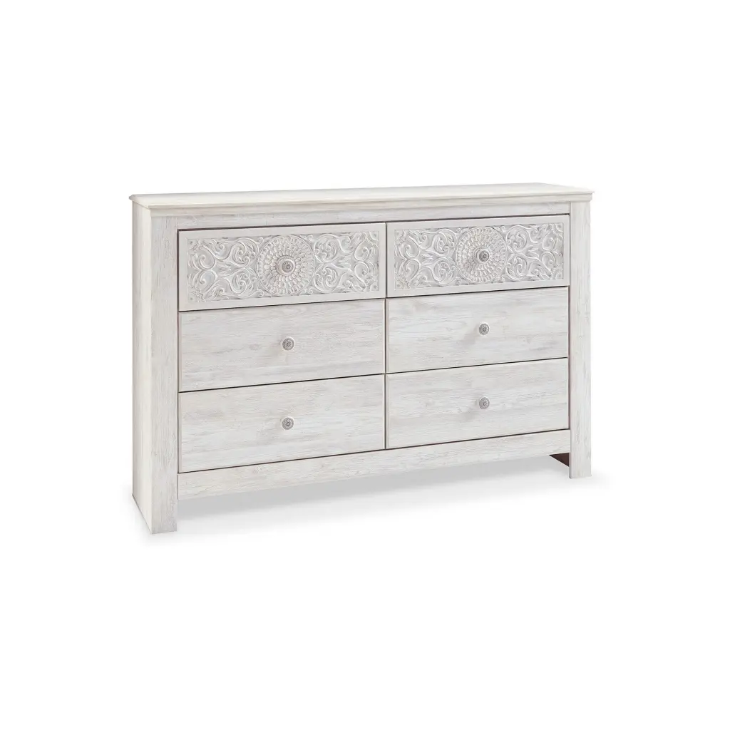 61 Inch Modern Wide Gowner Whitewashed Wood 6 Drawers Medallion Design royal hampton