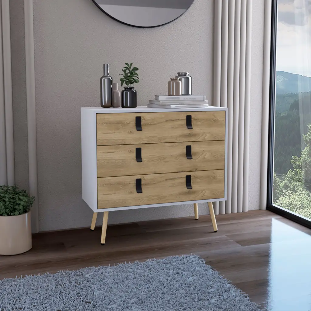 29 Inch 3 Drawers Gown Dresser Handles and Wooden Legs White Finish rta mubles colombia