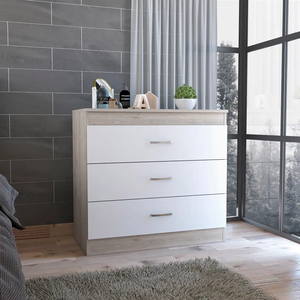 Melia Three Drawer Dresser High Quality Top Metallic Hardware Light Gray White rta muebles colombia