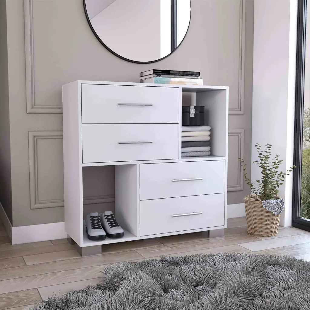 Sunflower Dresser Four Drawers and Two Open Shelves White MDF rta muebles colombia