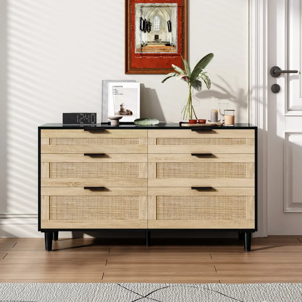 51 Inch Rattan Dresser Bedroom 6 Drawer Dresser Clothes Storage Cabinet spribung