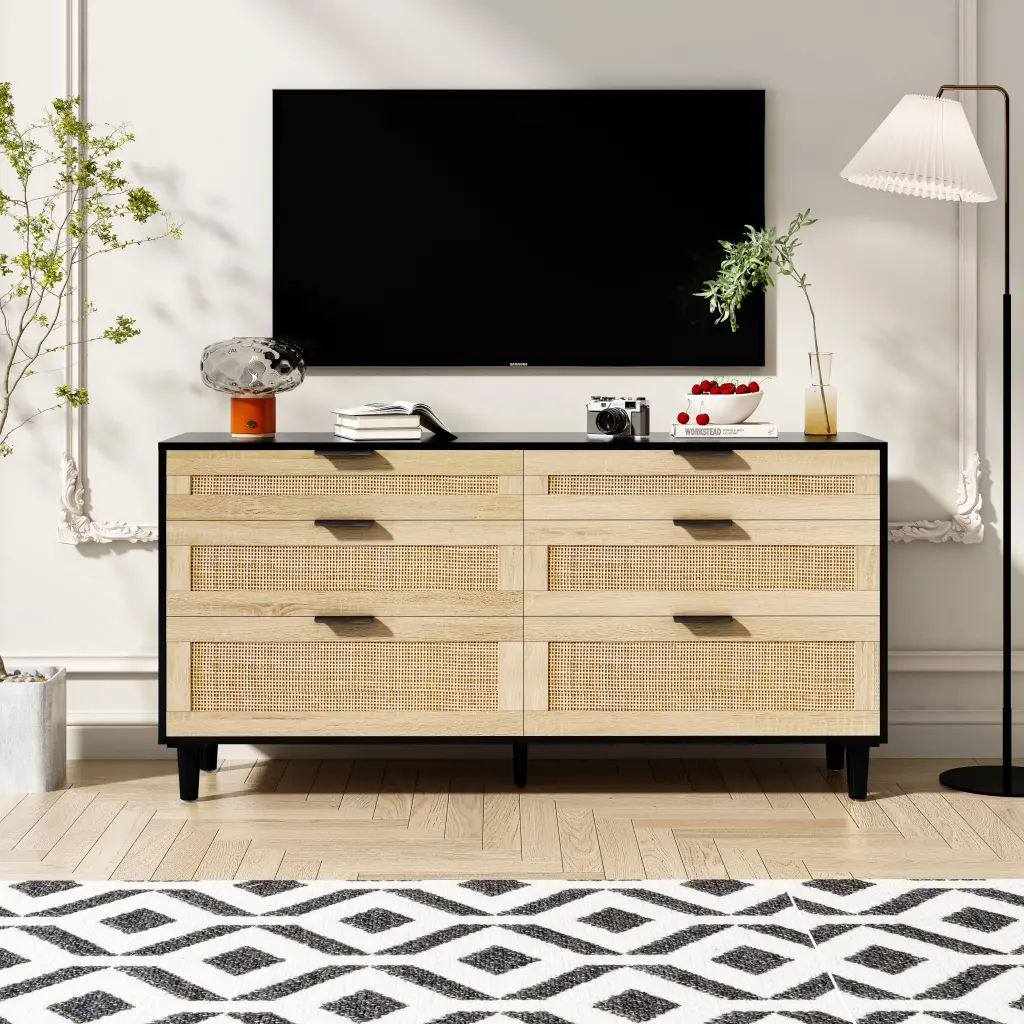 59 Inch Rattan Dresser 6 Drawers Bedroom Clothes Storage Furniture spribung