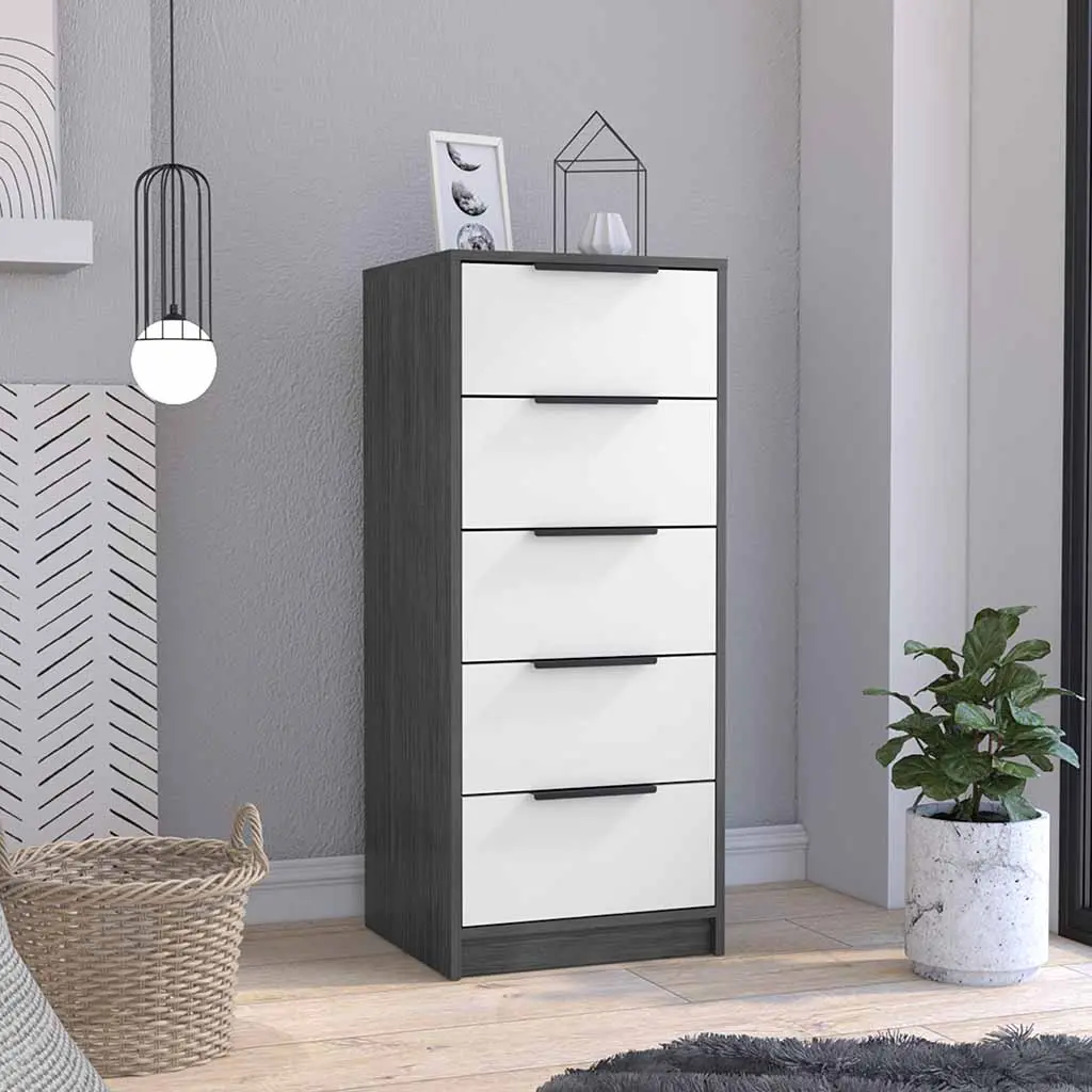 5 Drawer Gown Dresser Metal Handles Smokey Oak White Finish treevol furniture