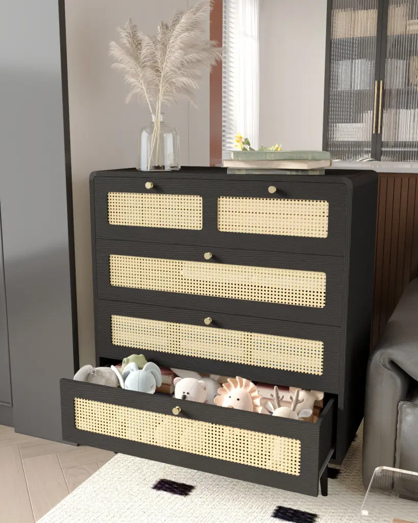 4 Drawer Modern Rattan Dresser Chest Wide Drawers and Metal Accents xiewan