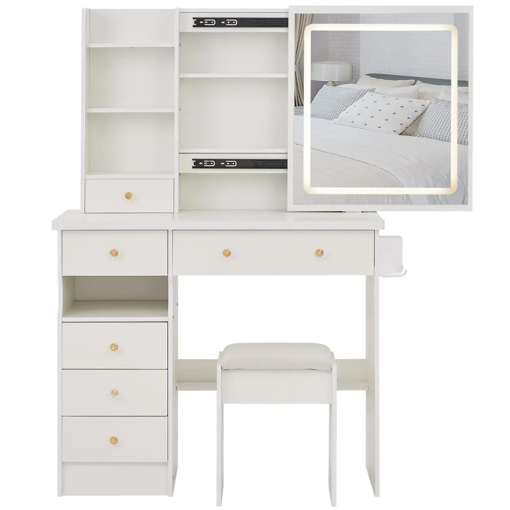 37 Inches Middle Size Left Drawer Desktop Vanity Table Cushioned Stool crazy elf