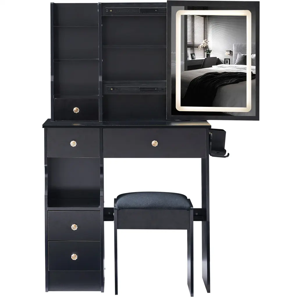 Small Left Drawer Desktop Vanity Table Cushioned Stool 2 AC 2 USB Ports crazy elf