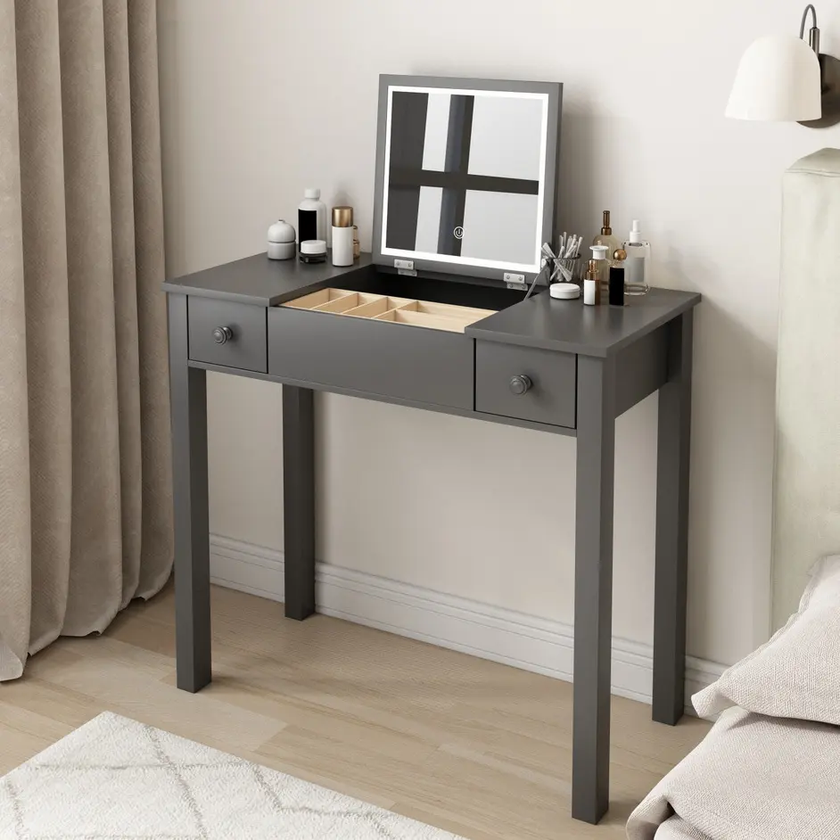 Polished Grey Vanity Table LED Lights, Flip Top Mirror and 2 Drawers familyroom furnitures