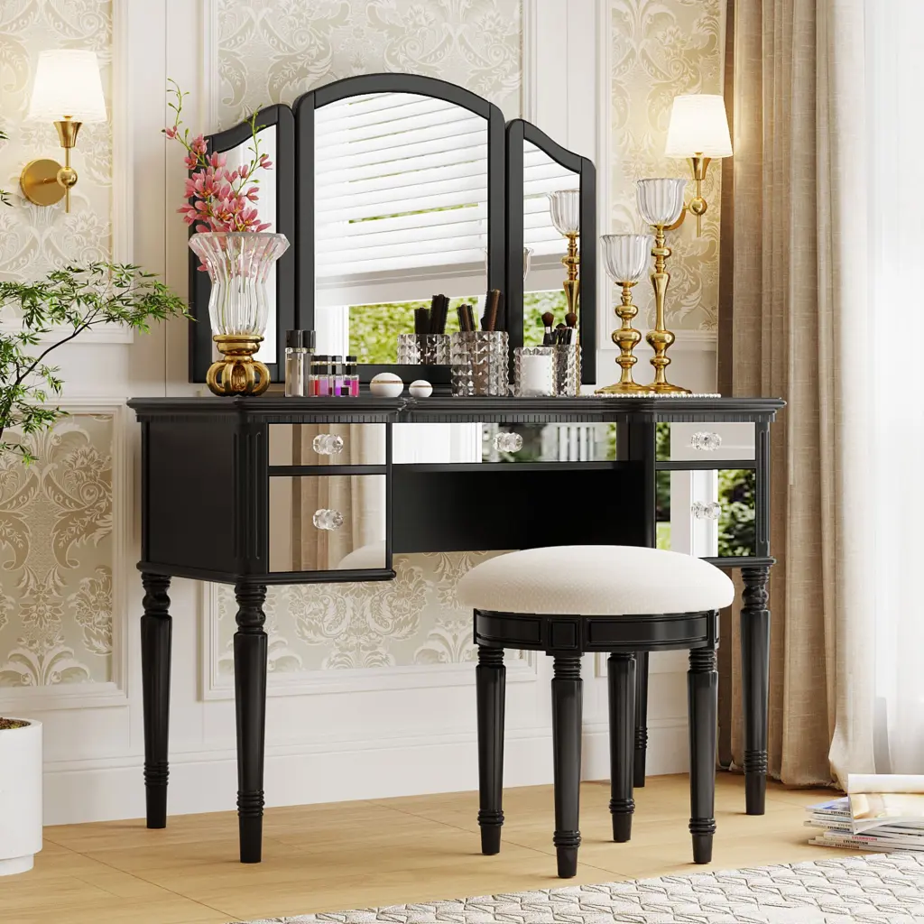 43 Inch Dressing Table Set Mirrored Drawers And Stool Tri Fold Mirror go