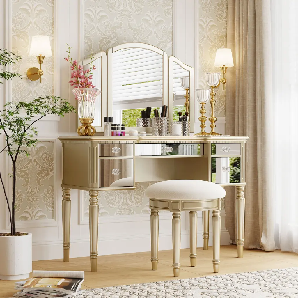 43 Inch Dressing Table Set Tri-Fold Mirror and Stool Bedroom go