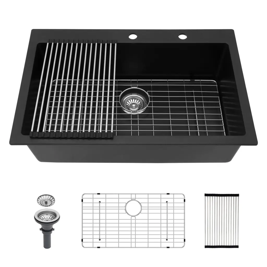 Quartz Kitchen Sink 33x22 Inch Black Natural Stone Carbon Fiber Drop lordear