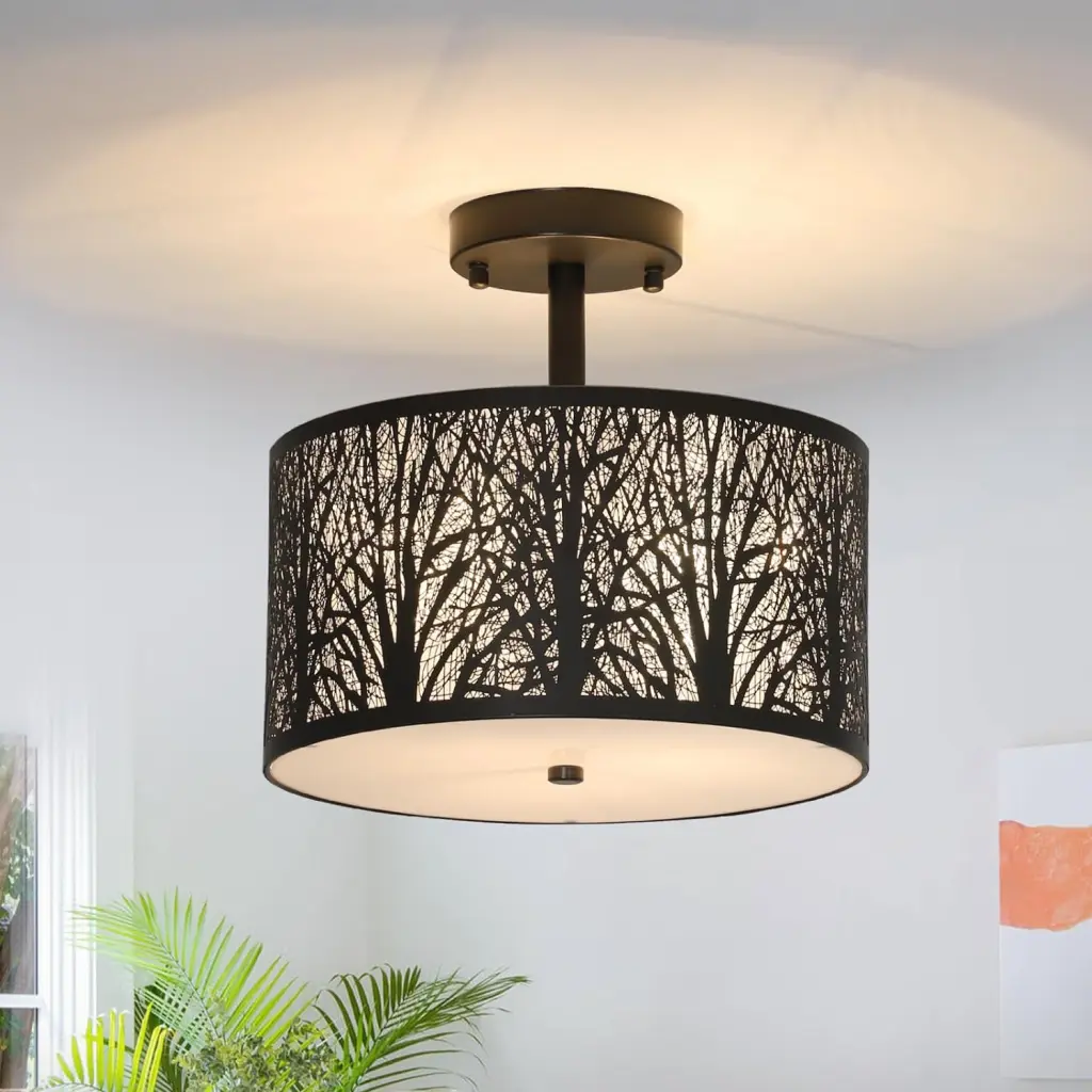 3 Light Drum Light Etched Pattern Shade Black Ferrous Metal rnb