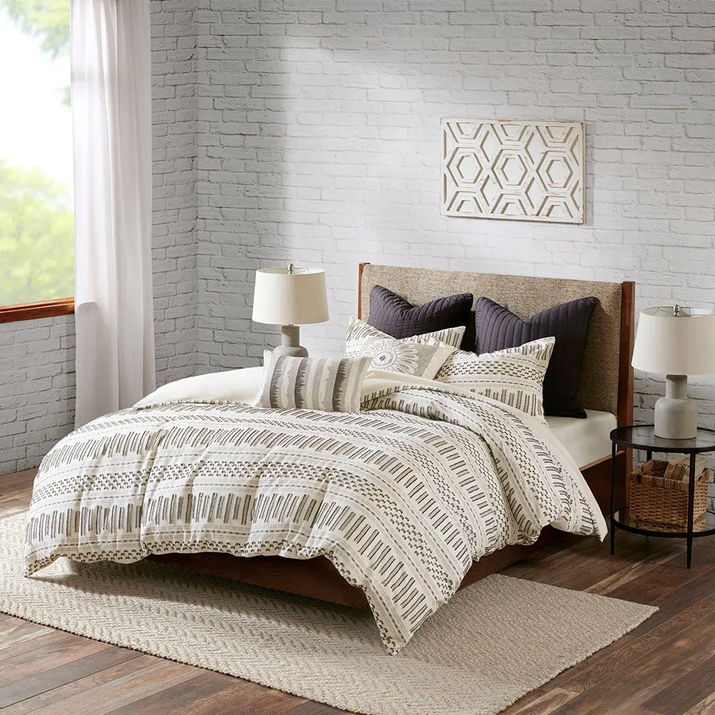 Cotton Jacquard Duvet Cover Mini Set King Size Ivory Charcoal Bedding jla