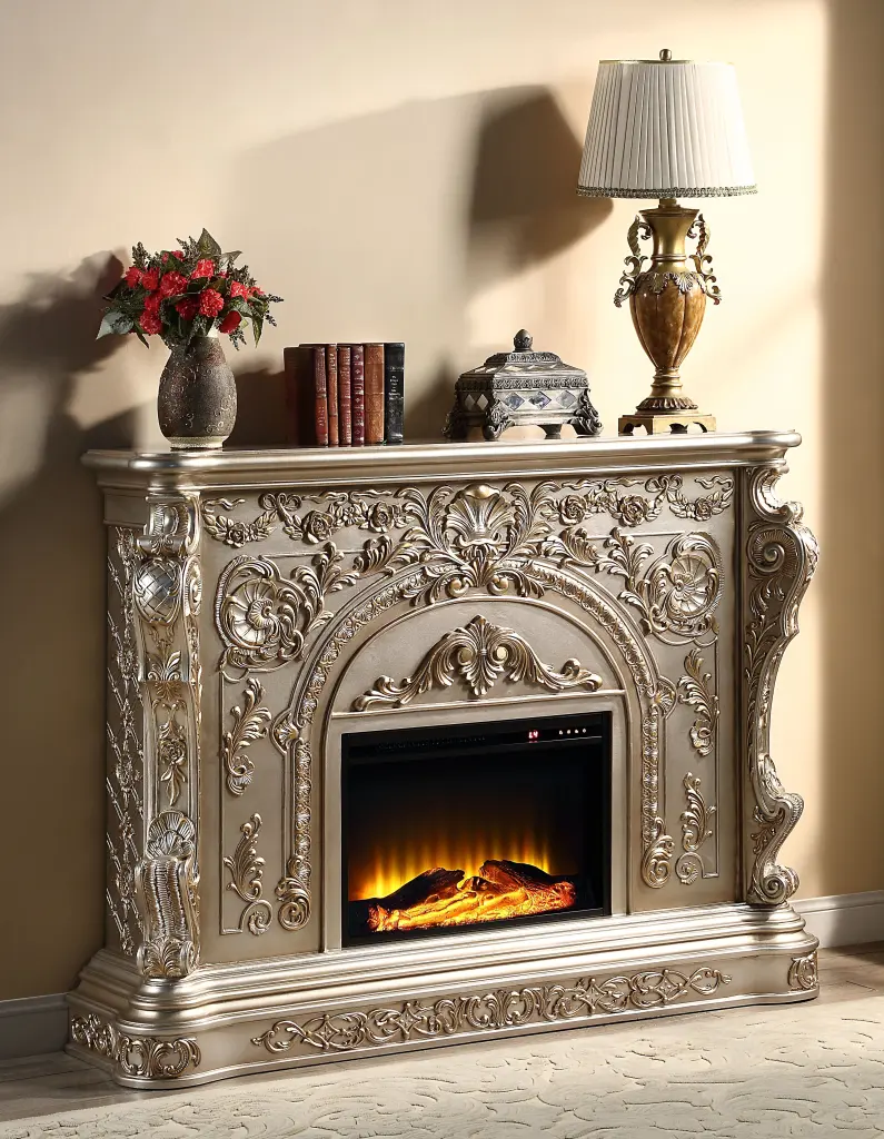 Danae Fireplace Antique Silver Gold Finish AC01618 Gold MDF Electric Fireplace acme onsite store