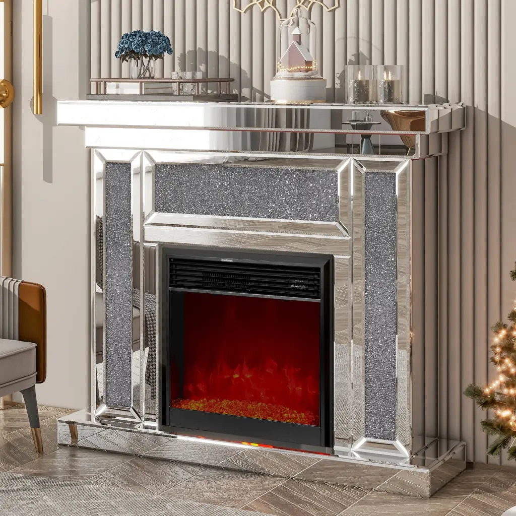 Mirrored Electric Fireplace 7 Color Customizable 3D Flame and Mantel rnb