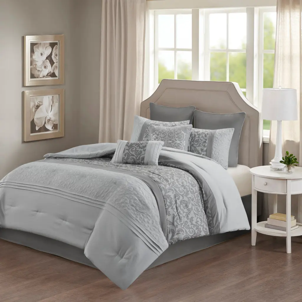 Embroidered 8 Piece Comforter Set Grey King - Luxurious Polyester jla