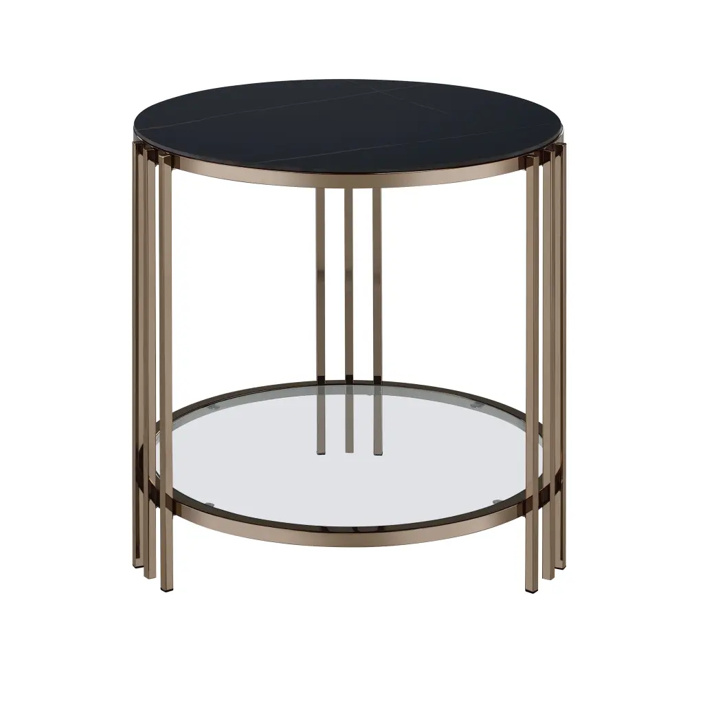 Abisha End Table Sintered Stone Top and Champagne Metal Frame Black acme onsite store